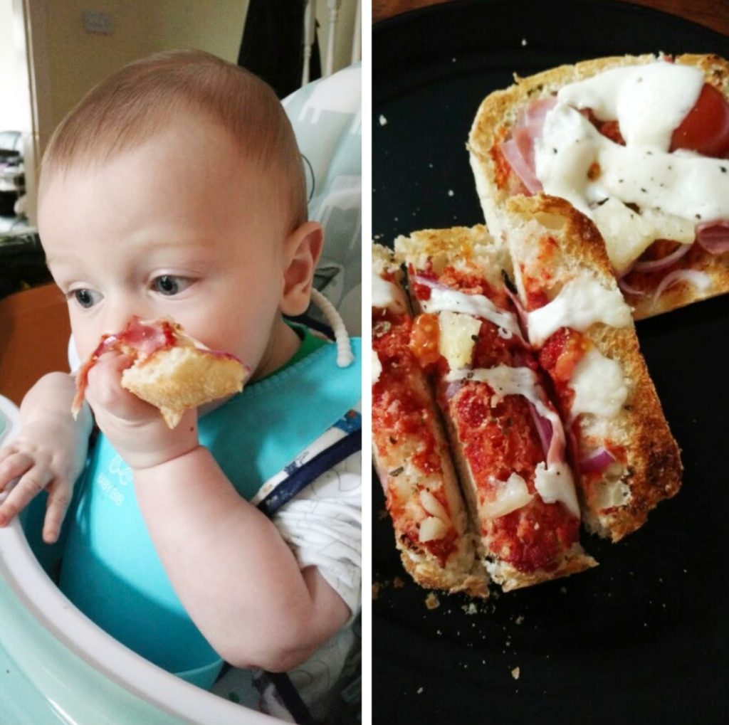 Jonah eating pizza toast.