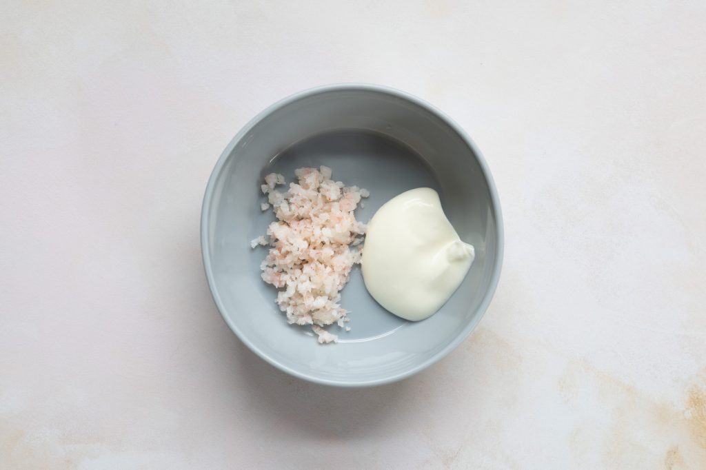 Minced prawns, Greek yogurt, and lemon zest.